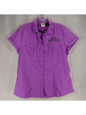 Harley Davidson Womens L Lilac Purple Button Up Shirt Short Sleeve Rhinestones